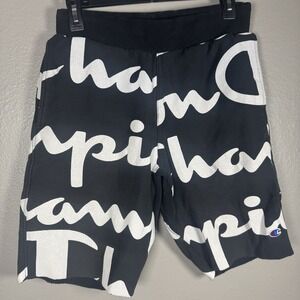 Champion Mens Black Logo All Over Cut Off Reverse Weave Fleece Shorts Small